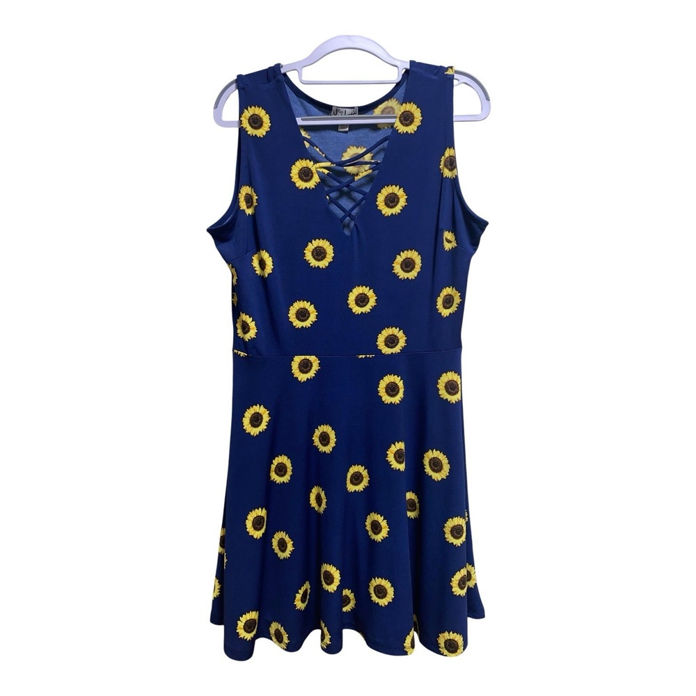 J for Justify XL Blue Sunflower Dress Lace Up Neck Sleeveless Fit Flare
